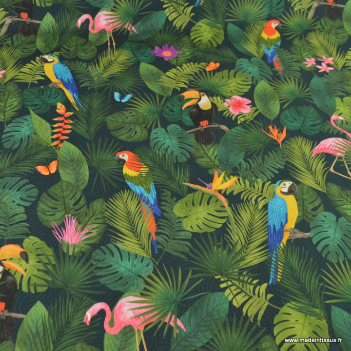 Toile aspect lin imprimée tropicale avec perroquets multicolores, flamants roses et feuillages exotiques