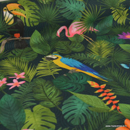 Tissu toile motif tropical perroquets & flamants roses