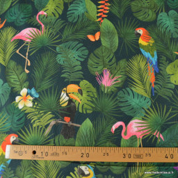 Tissu toile motif tropical perroquets & flamants roses