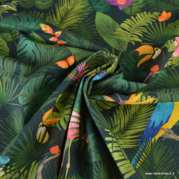 Tissu toile motif tropical perroquets & flamants roses