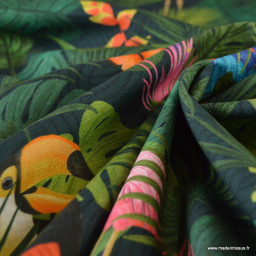 Tissu toile motif tropical perroquets & flamants roses