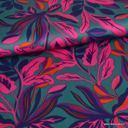 Tissu Satin de coton motif exotique fuchsia fond pétrole