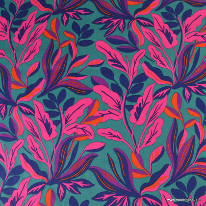 Tissu Satin de coton motif exotique fuchsia fond pétrole