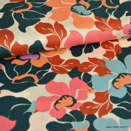 Tissu Satin de coton motif fleurs multi fond écru