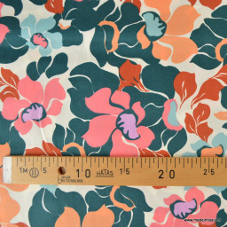 Tissu Satin de coton motif fleurs multi fond écru