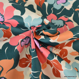 Tissu Satin de coton motif fleurs multi fond écru