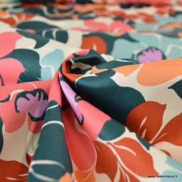 Tissu Satin de coton motif fleurs multi fond écru