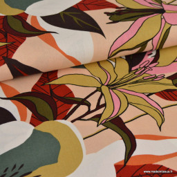 Tissu viscose lin motif fleurs grenat et vert fond écru