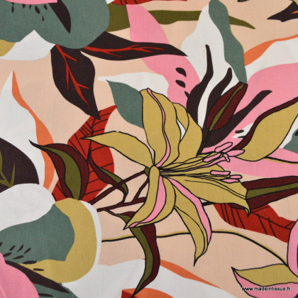 tissu viscose lin motif fleurs grenat et vert sur fond écru