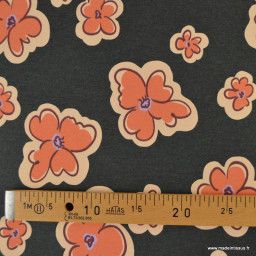 Tissu jersey coton Poppy motif fleurs orange sur fond noir