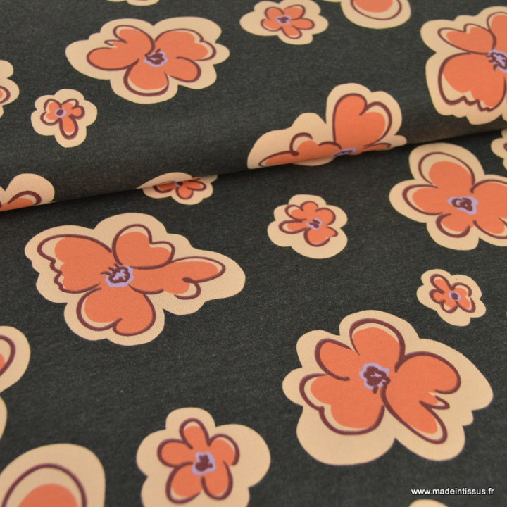 tissu jersey coton Poppy fleurs orange et pêche sur fond noir