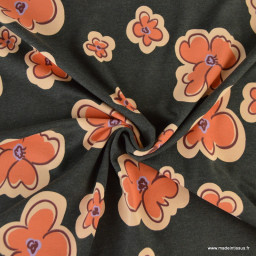 Tissu jersey coton Poppy motif fleurs orange sur fond noir