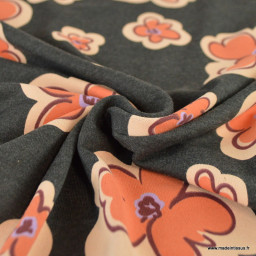 Tissu jersey coton Poppy motif fleurs orange sur fond noir