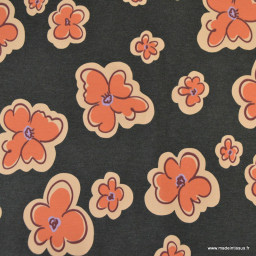 Tissu jersey coton Poppy motif fleurs orange sur fond noir