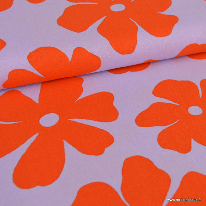 tissu viscose lin imprimé grosses fleurs orange sur fond parme