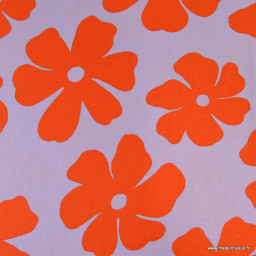 Tissu viscose lin motif grosses fleurs orange fond parme