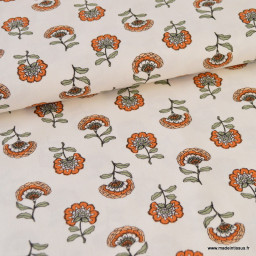 Tissu demi-natté motif fleurs orange fond écru