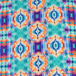 Tissu viscose motif ikat multicolore turquoise orange et violet