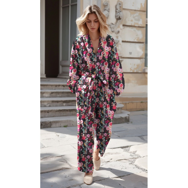 Robe En Viscose Souple - Imprimé Fleurs Colorées Sur Fond Noir - Taille M - Occasion (très Bon état)