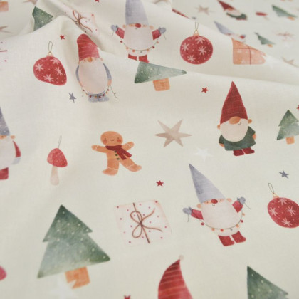 Tissu cretonne de coton Noël – gnomes, sapins et étoiles écru/rouge