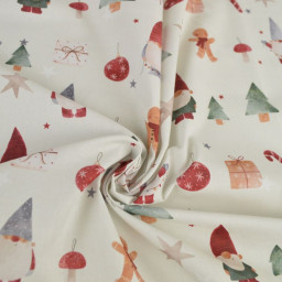 Tissu cretonne de coton Noël – gnomes, sapins et étoiles écru/rouge