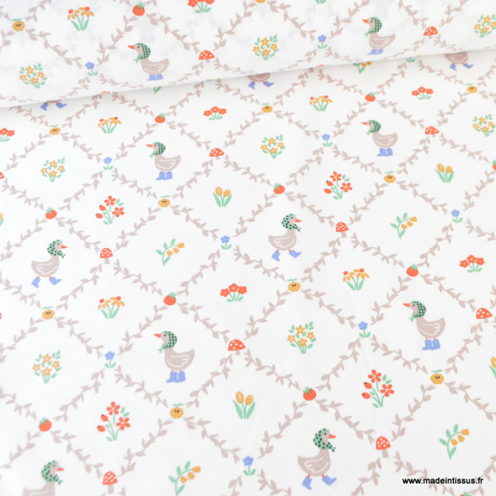 Tissu coton Haga – motif canards et petites fleurs – fond blanc