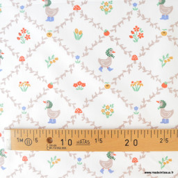Tissu coton Haga – motif canards et petites fleurs – fond blanc