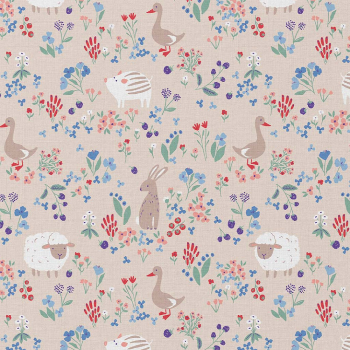 Tissu coton Berries – motif canards, moutons et lapins – fond gris