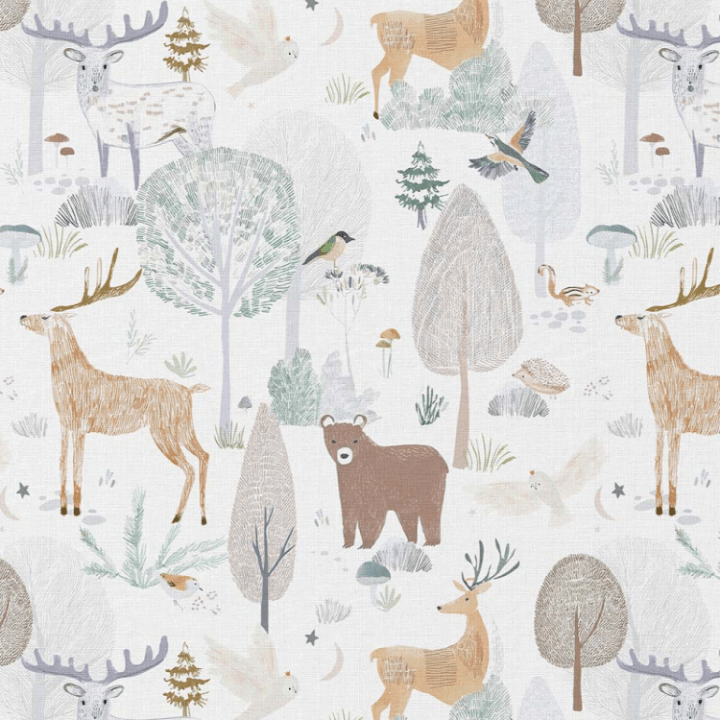 tissu coton Brocéliande motif ours et cerfs dans la forêt fond blanc