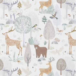 tissu coton Brocéliande motif ours et cerfs dans la forêt fond blanc