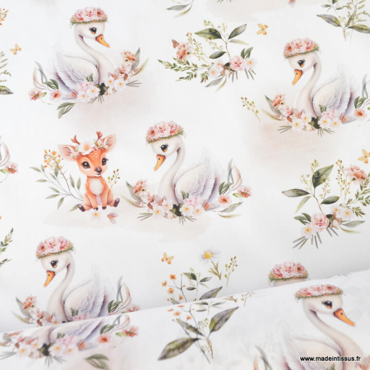 tissu coton Swany motif cygnes et faon fond blanc