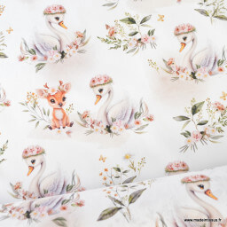 tissu coton Swany motif cygnes et faon fond blanc
