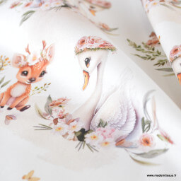 Tissu coton Swany – cygnes & faon fond blanc -  OEKO TEX