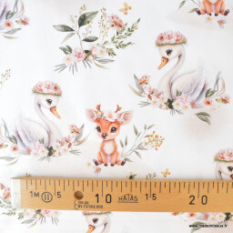 Tissu coton Swany – cygnes & faon fond blanc -  OEKO TEX