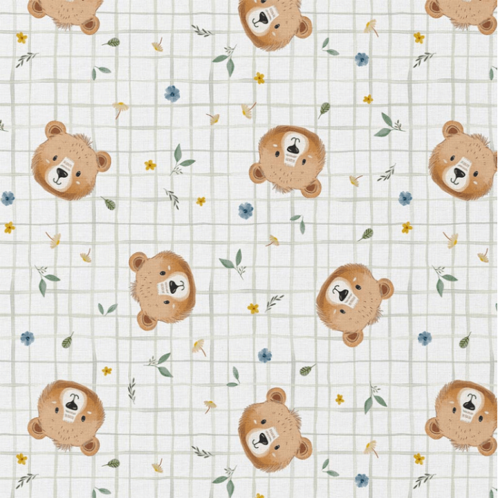 tissu coton Albert motif têtes d’ours sur carreaux vert sauge fond blanc