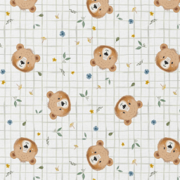 tissu coton Albert motif têtes d’ours sur carreaux vert sauge fond blanc