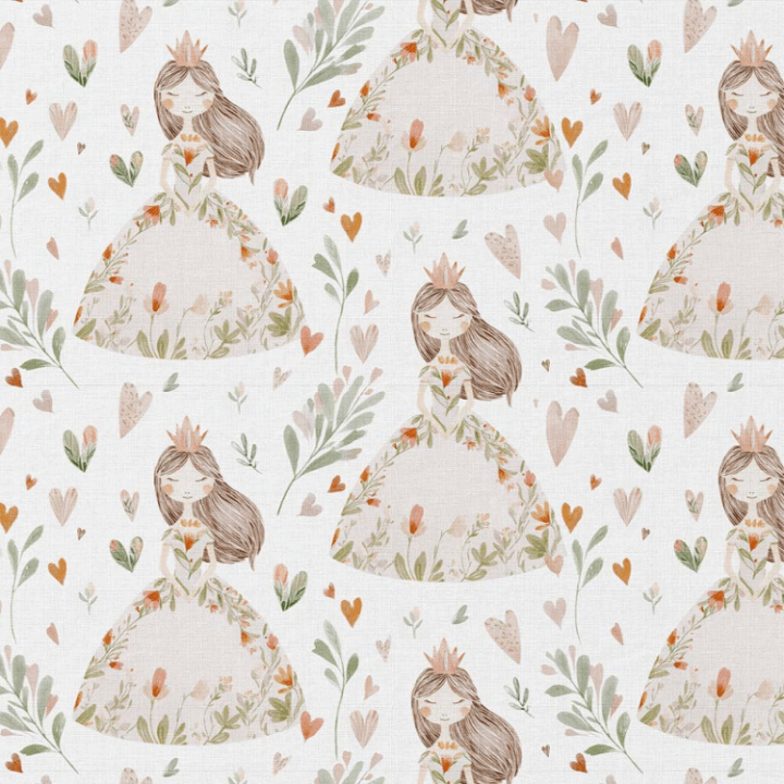 tissu coton Niouchka motif princesse et cœurs pastel fond blanc