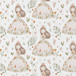 tissu coton Niouchka motif princesse et cœurs pastel fond blanc