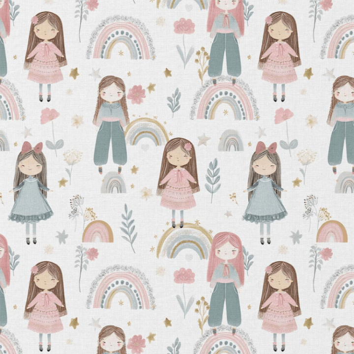 Tissu coton cretonne Talina – fillettes et arcs-en-ciel fond blanc