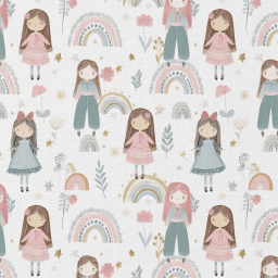 Tissu coton cretonne Talina – fillettes et arcs-en-ciel fond blanc