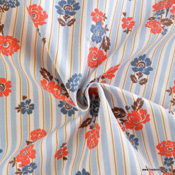 Tissu demi-natté coton Rimcha, rayures bleues et fleurs rouges/bleues