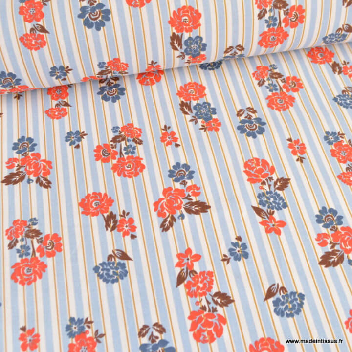 Tissu demi-natté coton Rimcha, rayures bleues et fleurs rouges/bleues