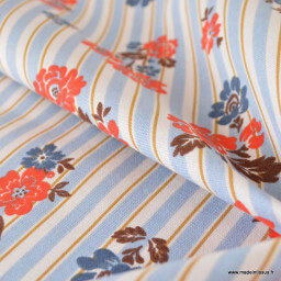 Tissu demi-natté coton Rimcha, rayures bleues et fleurs rouges/bleues