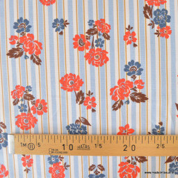 Tissu demi-natté coton Rimcha, rayures bleues et fleurs rouges/bleues