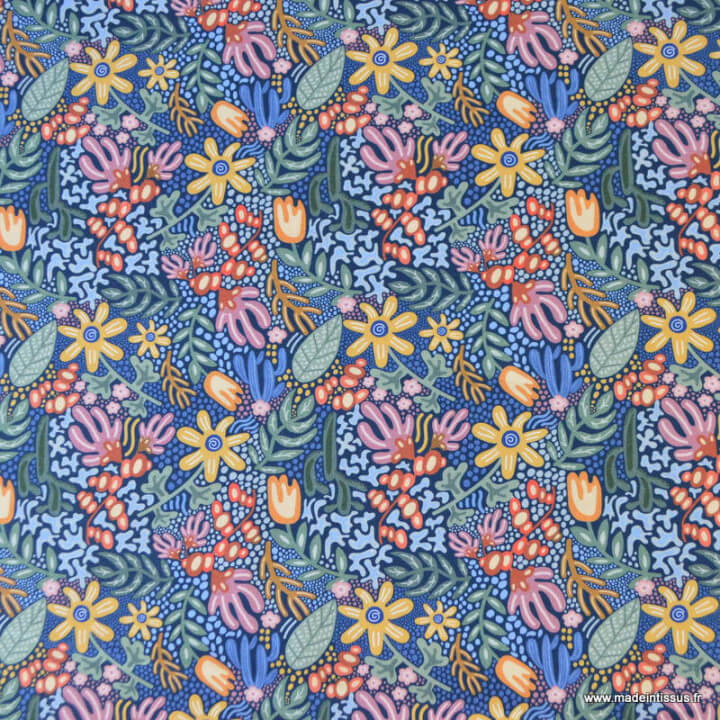 Tissu popeline coton Maui bleu – motif coraux polynésiens multicolores