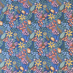 Tissu popeline coton Maui bleu – motif coraux polynésiens multicolores