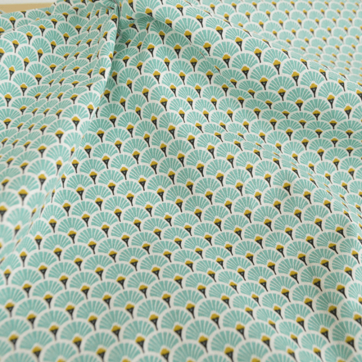 Tissu coton imprimé éventails écailles - Lagon - OEKO TEX