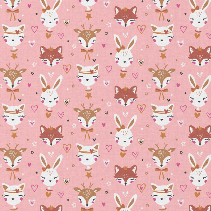 tissu cretonne coton Anibel rose, motif têtes d’animaux (renard, lapin, biche) pour couture enfant et accessoires