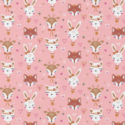 tissu cretonne coton Anibel rose, motif têtes d’animaux (renard, lapin, biche) pour couture enfant et accessoires
