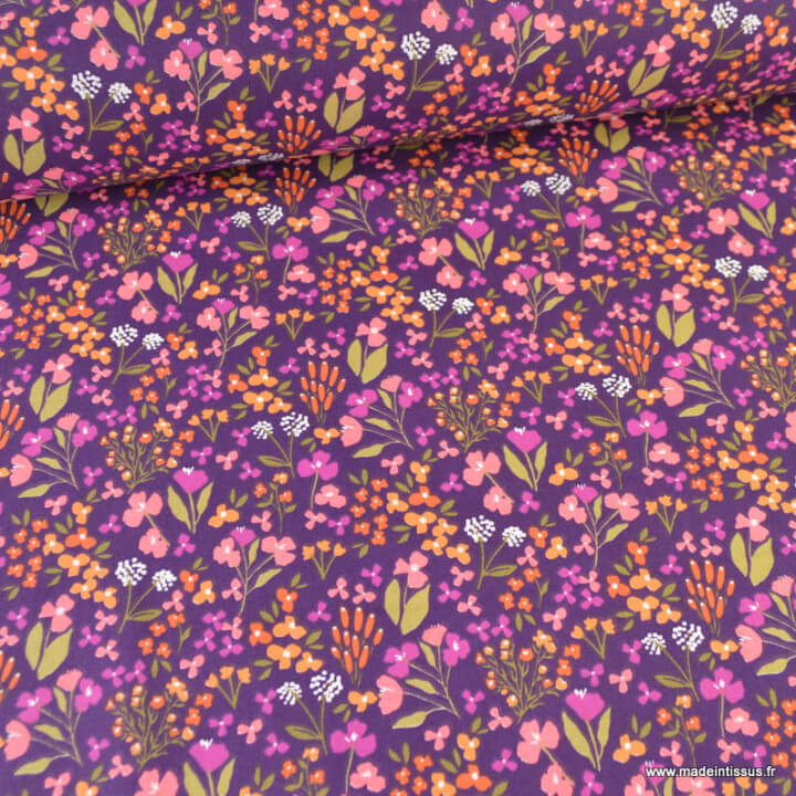 Tissu cretonne coton Bibury petites fleurs fond violet